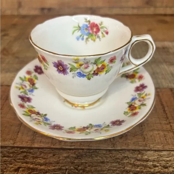 Royal Stafford Bone China Made in England Teacup and Saucer Floral Gold Trim - Picture 1 of 10